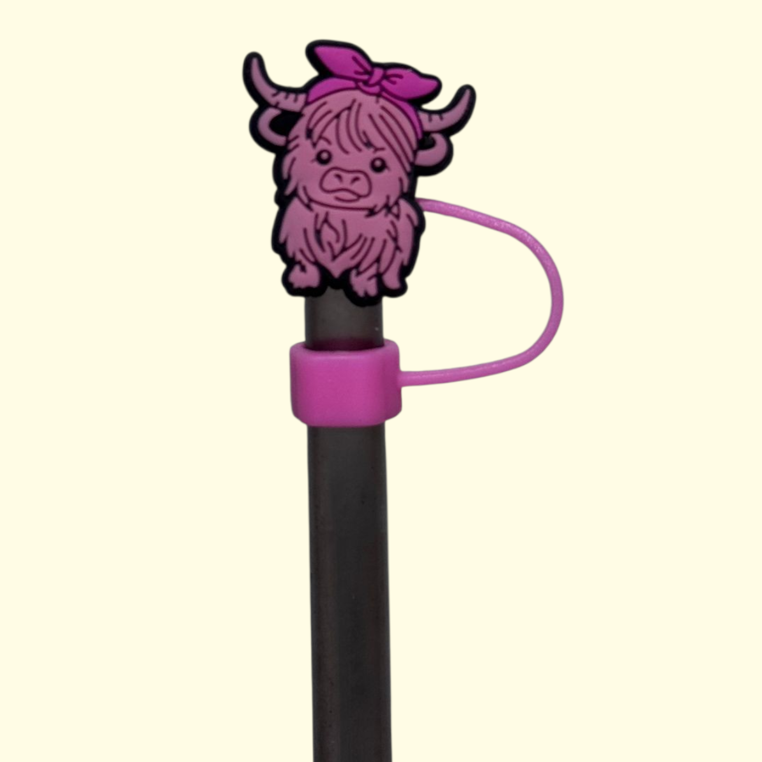 Highland Cow Pink Bow Straw Topper