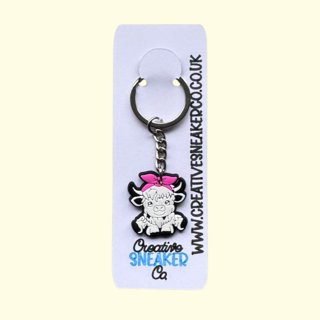 Highland Cow White Bow Sitting Keyring