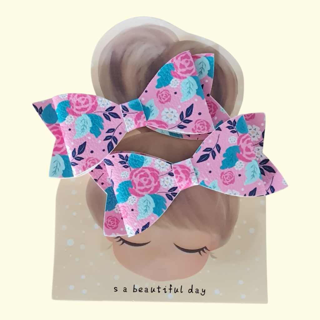 Floral Bright Pink Hair Bow x2