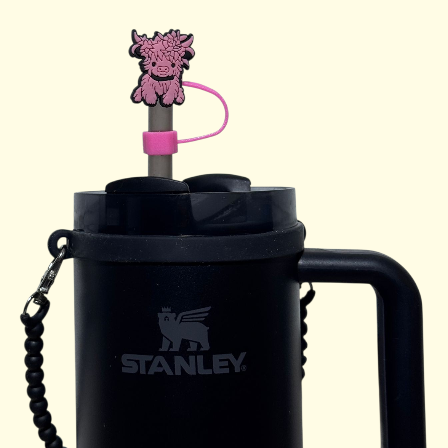 Highland Cow Pink Flowers Straw Topper