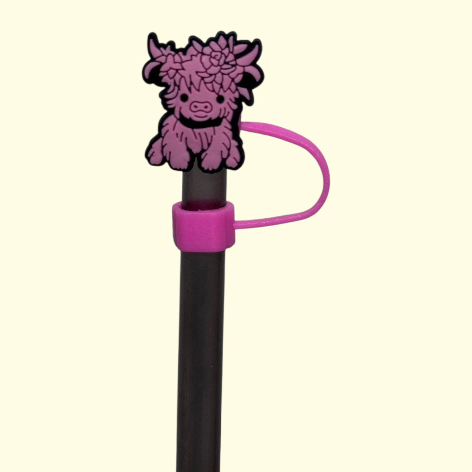 Highland Cow Pink Flowers Straw Topper