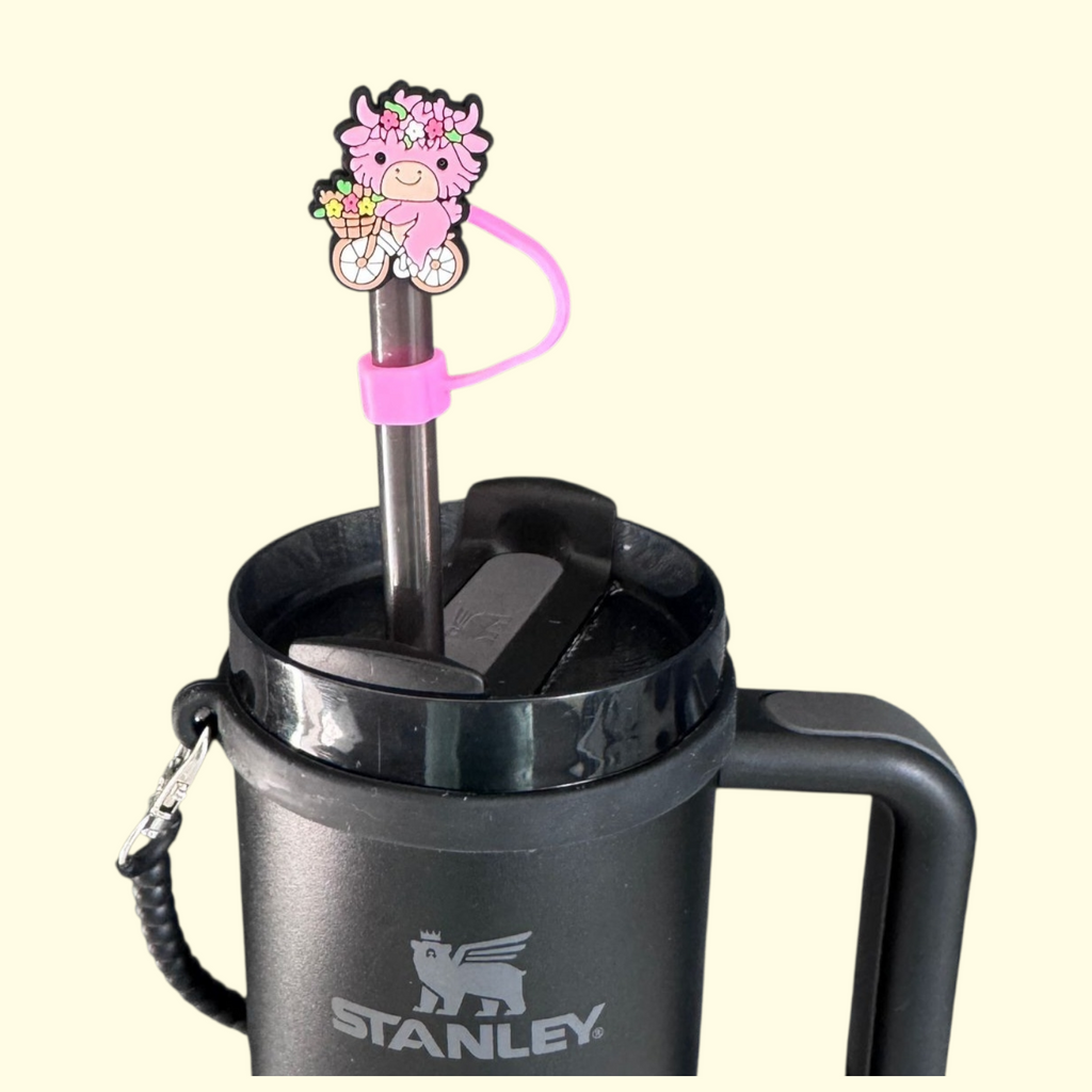 Highland Cow Pink Bike Straw Topper