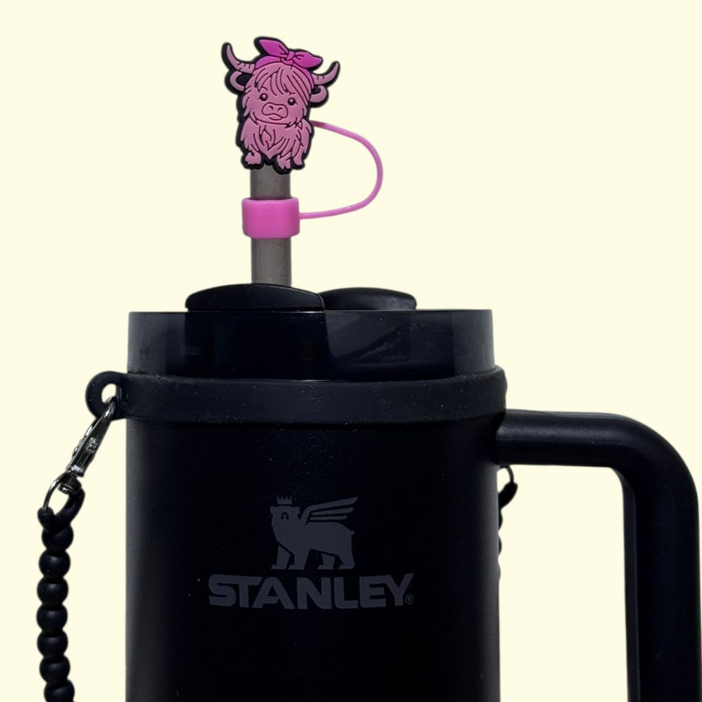 Highland Cow Pink Bow Straw Topper
