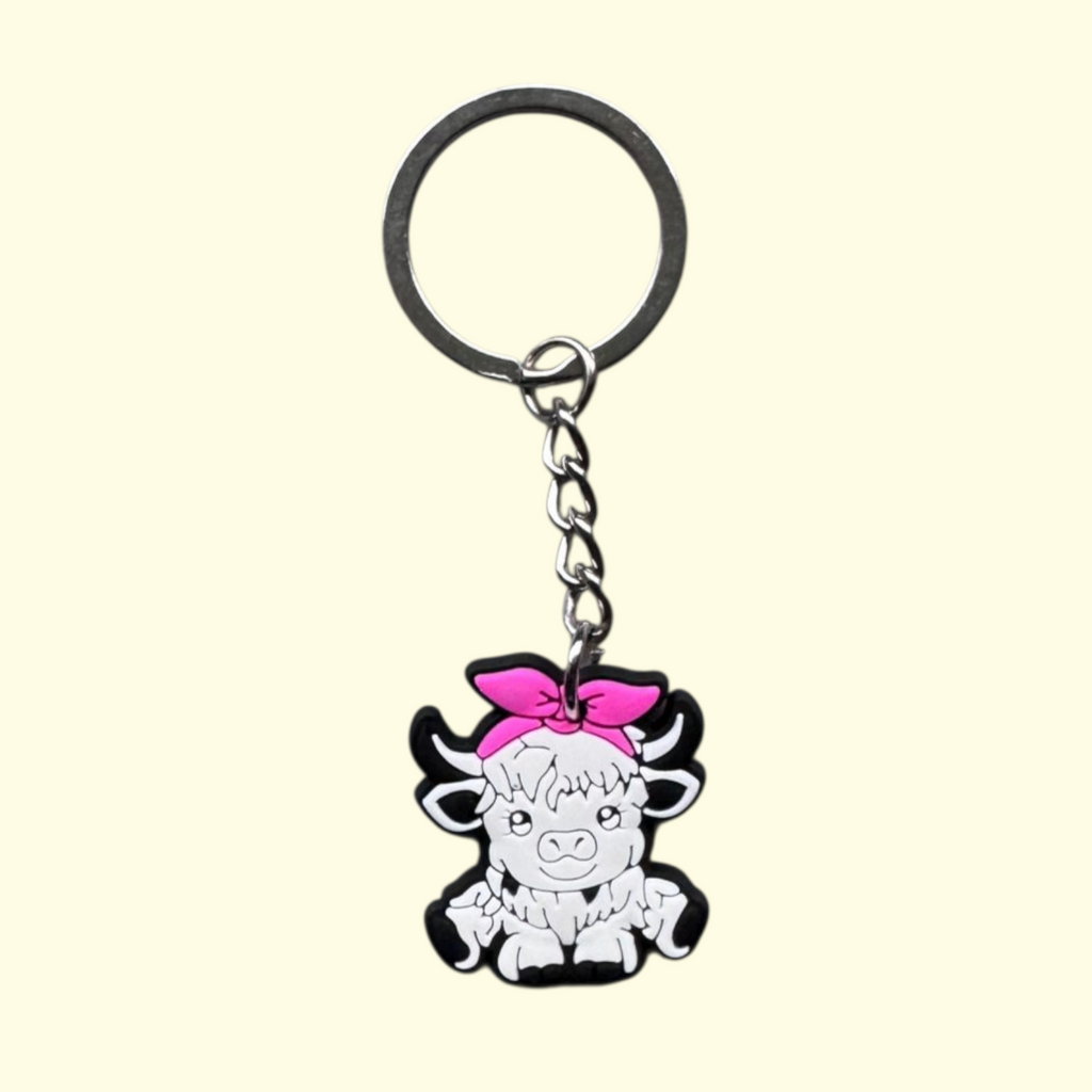 Highland Cow White Bow Sitting Keyring