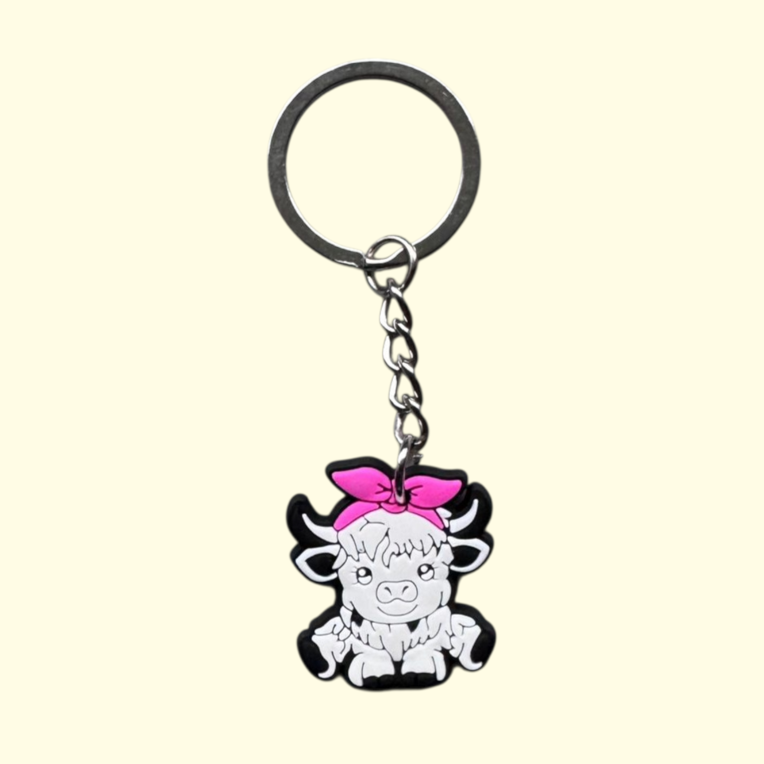Highland Cow White Bow Sitting Keyring