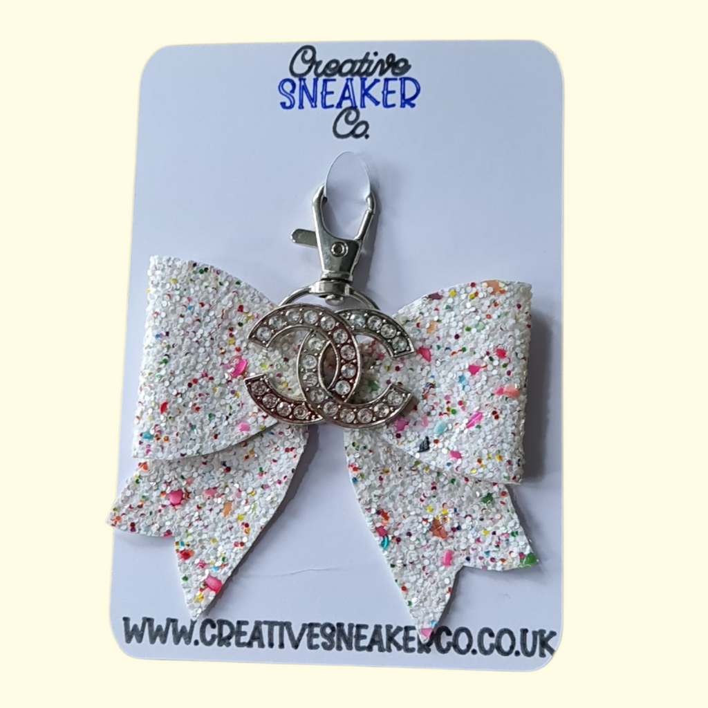 White Glitter Silver Chanel Bag Charm