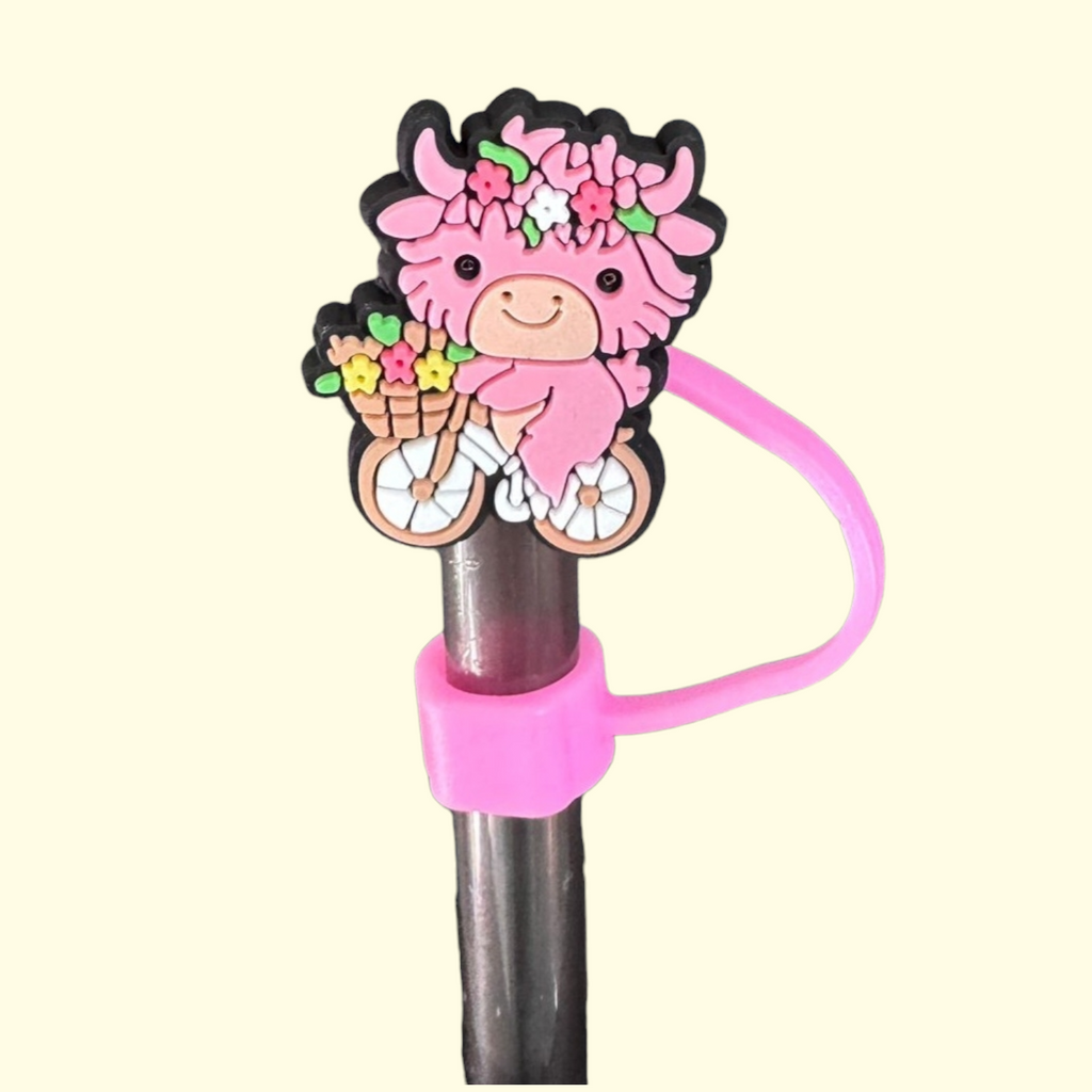 Highland Cow Pink Bike Straw Topper