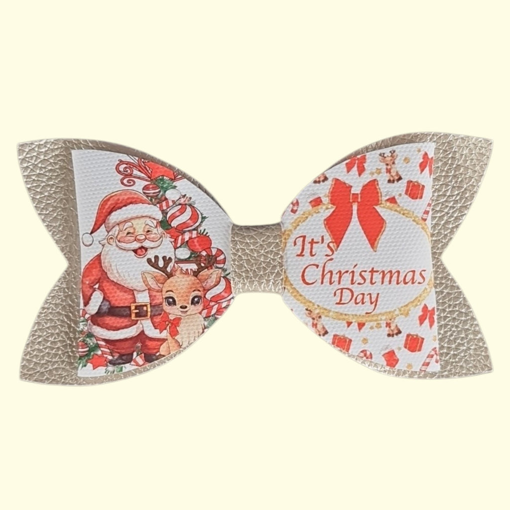 Gold Reindeer Santa Standard Hair Bow